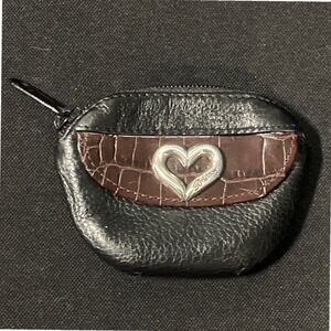 Brighton Leather Coin Purse Black  Brown Croc Embossed Heart Era Zip Mini Pouch